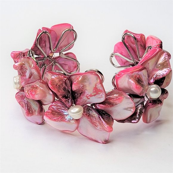 Pink Cuff Bangle with Shell and Pearls Adjustable Bracelet - NEW - Picture 6 of 11